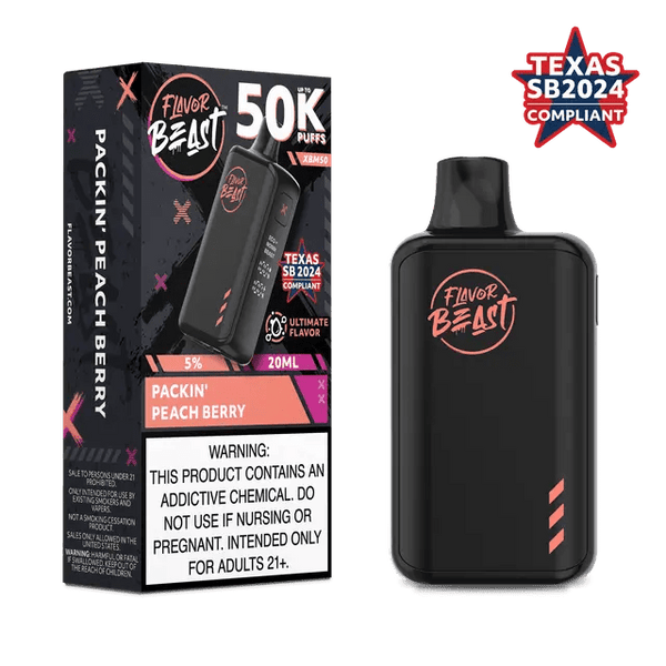 Flavor Beast XBM50 50K disposable vape device in sleek design, featuring colorful branding and compact portable size.