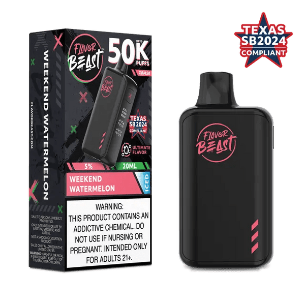 Flavor Beast XBM50 50K disposable vape device with sleek design and colorful branding, designed for easy, on-the-go vaping.