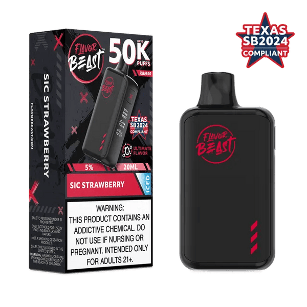 Flavor Beast XBM50 50K disposable vape device with sleek design, featuring colorful branding and compact size for easy use.