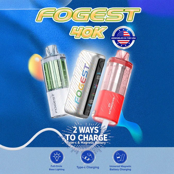 Fogest XP 40K disposable vape pen in sleek design, featuring the Fogest brand logo and a transparent mouthpiece.