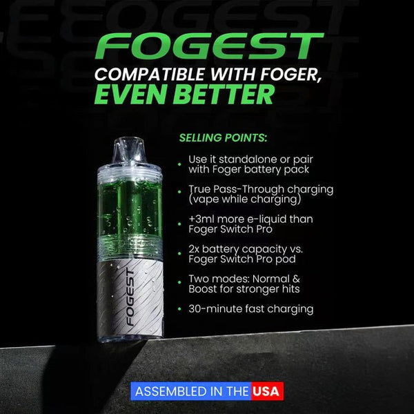 Fogest XP 40K disposable vape pen showing sleek design and mouthpiece, designed for easy use and portability.