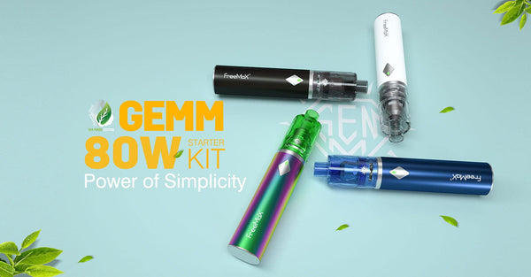 FreeMax GEMM 80W starter kit with compact hardware, featuring a sleek device and included accessories for vaping.