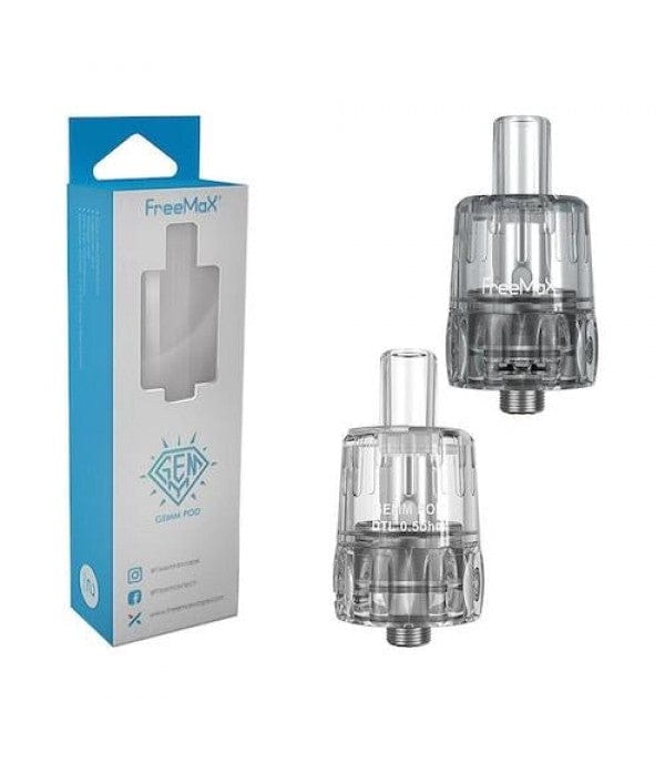 FreeMax GEMM replacement pods for vape hardware, featuring clear e-liquid chambers and mouthpiece, compatible with GEMM device.