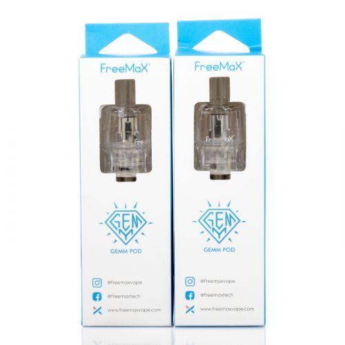 FreeMax GEMM replacement pods for vape hardware, showing clear view of the pod with mouthpiece and filling port.