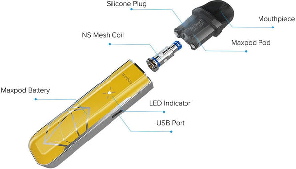 FreeMax Maxpod 11W pod system showing a sleek compact hardware device with mouthpiece and airflow control in a close-up view.