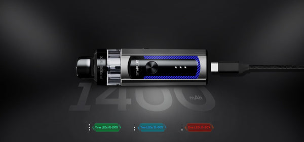 FreeMax Starlux 40W Pod System hardware with sleek design, compact size, and adjustable airflow for vaping.