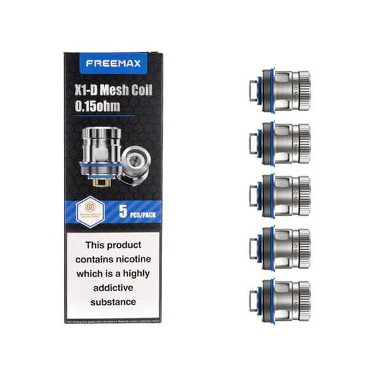 FreeMax X1-D Mesh replacement coils for vape devices, showing a pack of durable, high-performance coils designed for optimal flavor.