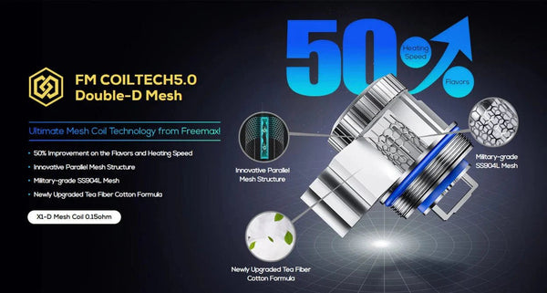 FreeMax X1-D Mesh replacement coils for vape devices, showing the coil pack with mesh heating elements and packaging.