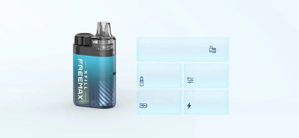 FreeMax Xfill Pod Kit for vaping, showcasing the compact hardware device with replaceable pods and sleek design.