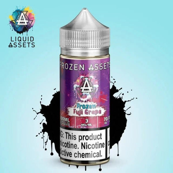 FROZEN Fuji Grape Liquid Assets e-liquid 100mL bottle with purple and clear packaging, featuring a grape illustration and branding.