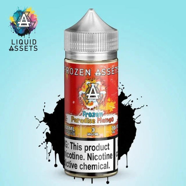 Liquid Assets Frozen Paradise Mango e-liquid 100mL bottle with vibrant mango imagery and colorful design on the label.