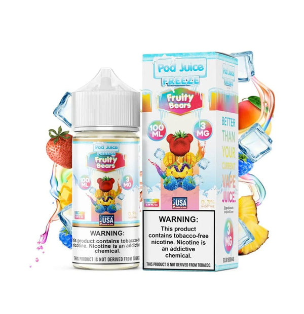 Fruity Bears Freeze e-liquid by Pod Juice, 100mL bottle featuring colorful bear and fruit flavor design.