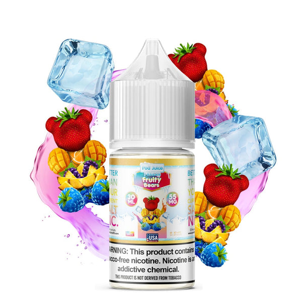Fruity Bears Freeze Salt e-liquid by Pod Juice in a 30mL bottle, featuring colorful bear-shaped fruit flavors with a cool menthol twist.