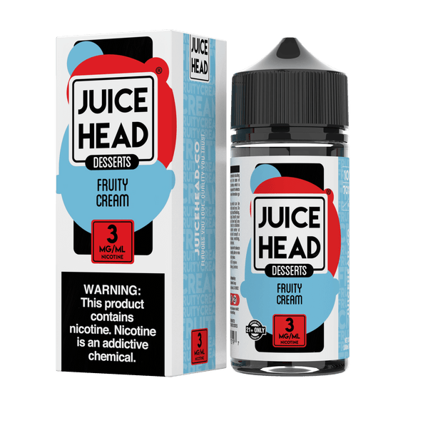 Juice Head Fruity Cream e-liquid bottle, 100mL, with colorful label featuring fruity and creamy flavor illustrations.