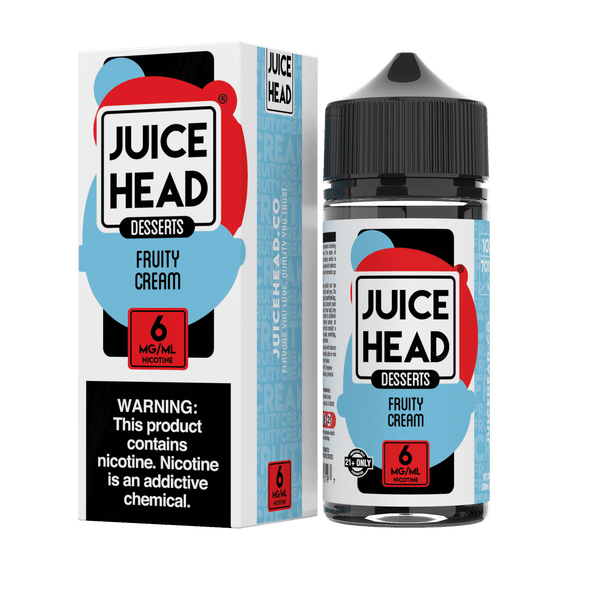 Fruity Cream Juice Head e-liquid 100mL bottle with colorful label featuring fruity and creamy flavor visuals.