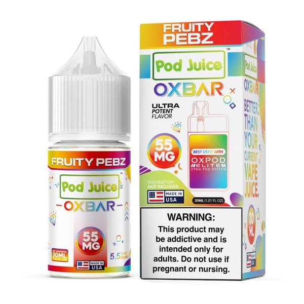 Fruity Pebz SALT e-liquid by Pod Juice in a 30mL bottle, featuring a colorful fruit-flavored vape juice for salt nicotine vaping.