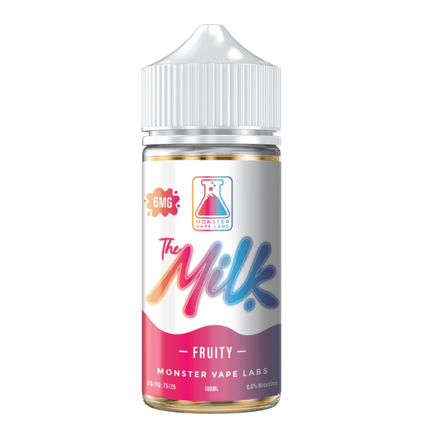 Fruity The Milk E-Liquid 100mL bottle featuring colorful fruit-themed packaging and branding for vaping flavors.