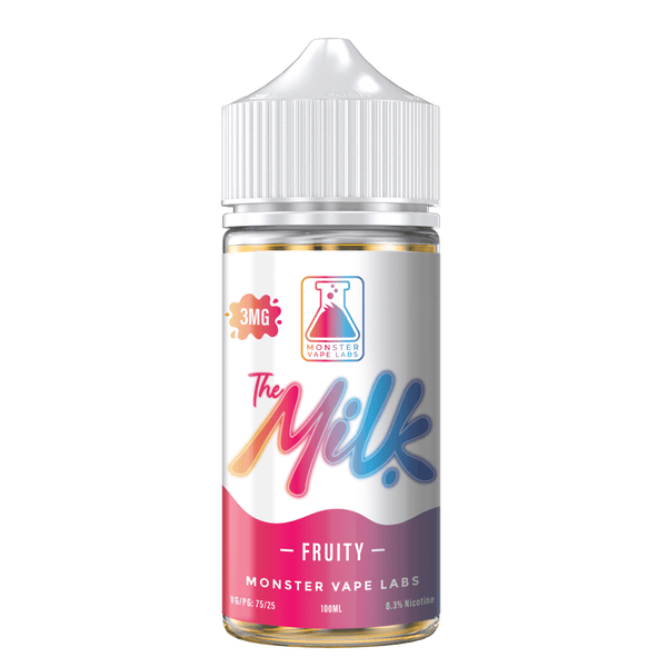 Fruity The Milk E-Liquid 100mL bottle with colorful packaging and a fruit-themed label, designed for vaping enjoyment.