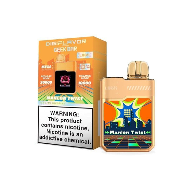 Geek Bar DIGIFLAVOR Lush disposable vape with 20,000 puffs, 18ml e-liquid, featuring colorful packaging and compact design