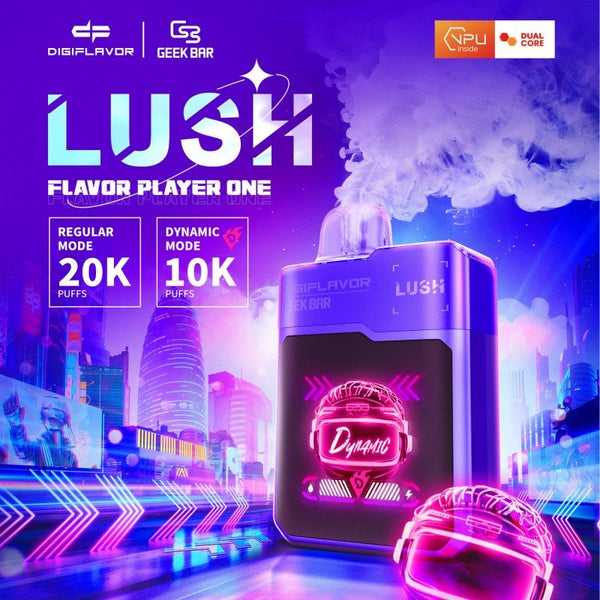 Geek Bar DIGIFLAVOR Lush 20k Puff disposable vape device with 18ml e-liquid, sleek design, and colorful branding.