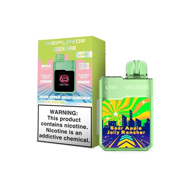 Geek Bar DIGIFLAVOR Lush disposable vape with 20k puffs, 18ml e-liquid, sleek design, and vibrant branding.