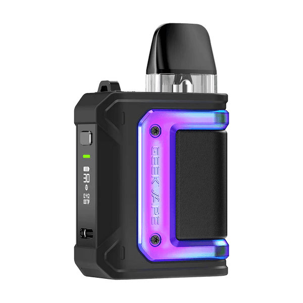 GeekVape Aegis Hero Q 30W pod system with compact design and textured grip, featuring a mouthpiece and adjustable airflow control.