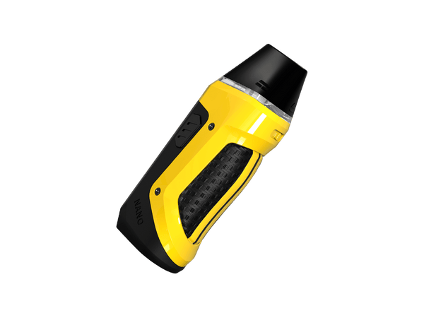 GeekVape Aegis Nano pod system in black with compact design and textured grip, showing the device's front view and mouthpiece.