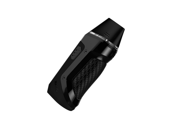 GeekVape Aegis Nano Pod System handheld vape device with textured grip and compact design, black color, and user interface display.