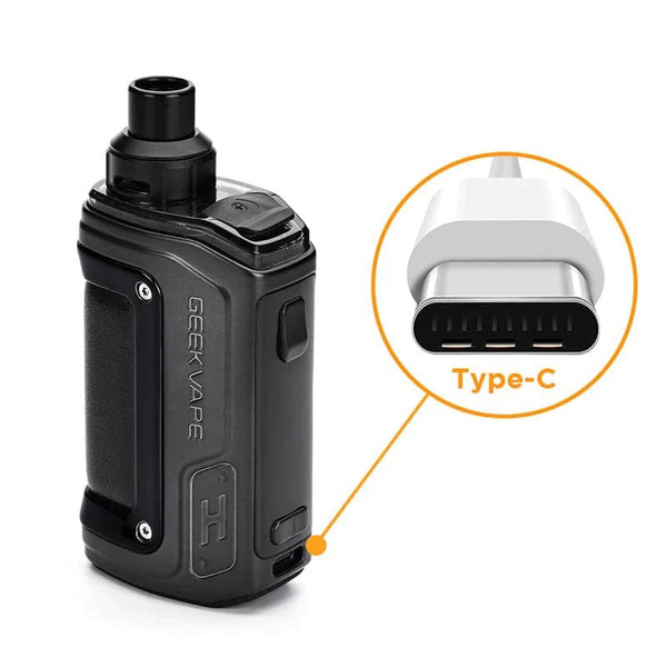 GeekVape H45 Aegis Hero 2 45W pod mod kit with sleek hardware design and compact size, featuring adjustable wattage and ergonomic grip.