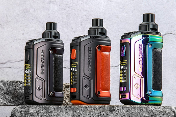 GeekVape H45 Aegis Hero 2 45W pod mod kit with compact design and adjustable airflow, featuring a sturdy build and sleek finish.