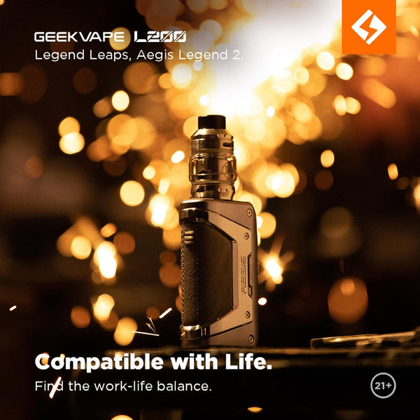 GeekVape L200 Aegis Legend 2 200W Kit showing the durable mod and matching vape tank with colorful design accents.