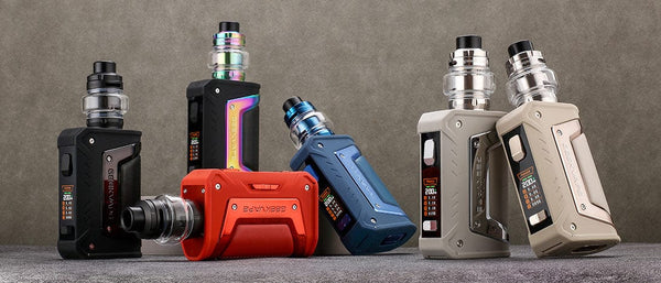 GeekVape L200 Classic 200W starter kit with vape mod and accessories, showcasing the hardware design and colorful finishes.