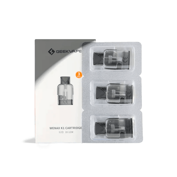 GeekVape Wenax K1 replacement pods for vaping device, showing sleek, clear hardware components and mouthpiece design.