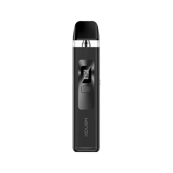 GeekVape Wenax Q Pod Kit showing sleek black hardware with integrated mouthpiece and compact design, ideal for vaping.