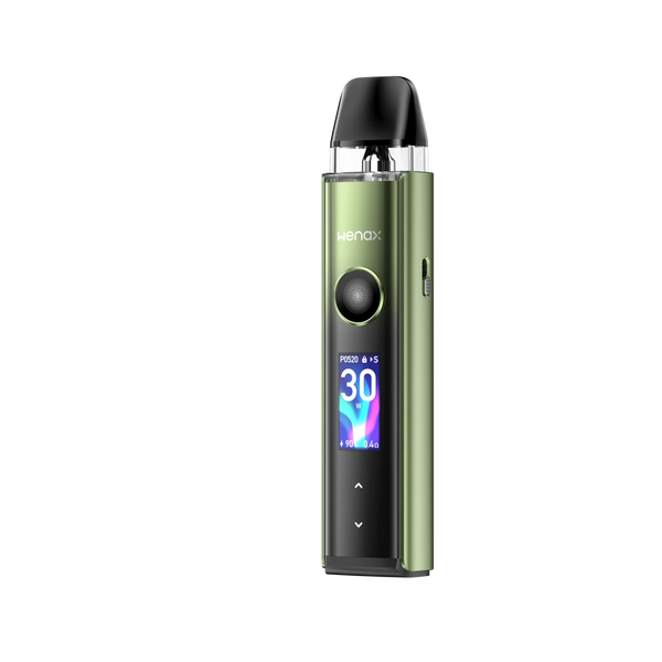 GeekVape Wenax Q Pro 30W Pod Kit showing sleek hardware with integrated pod and adjustable airflow for vaping.