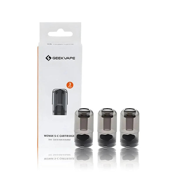 GeekVape Wenax S-C replacement pods for vape device, shown with transparent mouthpiece and cartridge design.