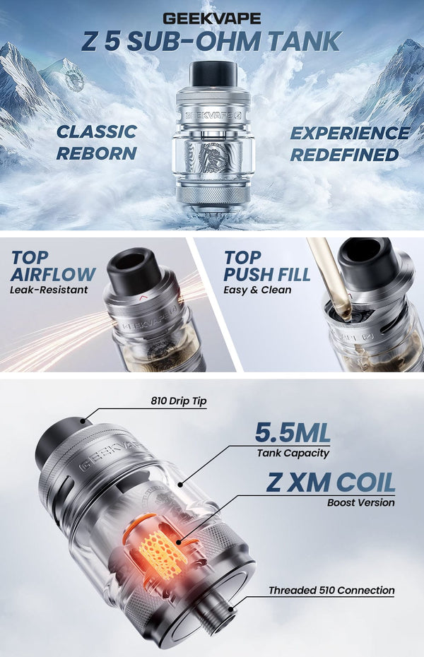 GeekVape Z 5 Sub-Ohm Tank with clear glass and stainless steel body, featuring adjustable airflow and coil compatibility.