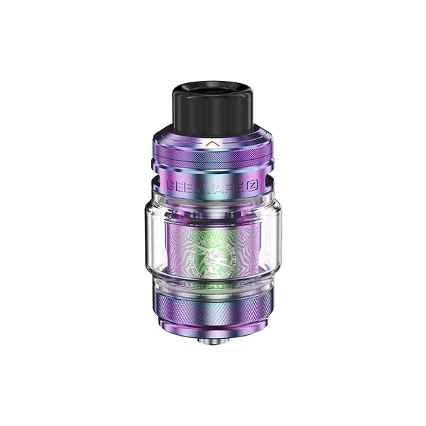 GeekVape Z 5 Sub-Ohm Tank showing stainless steel body, wide glass chamber, and adjustable airflow for vaping.