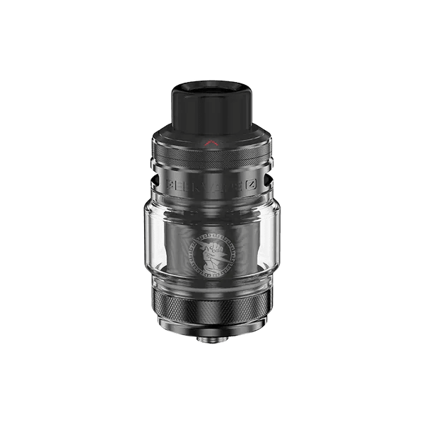 GeekVape Z 5 Sub-Ohm Tank showing stainless steel body, glass chamber, and adjustable airflow on a black background.