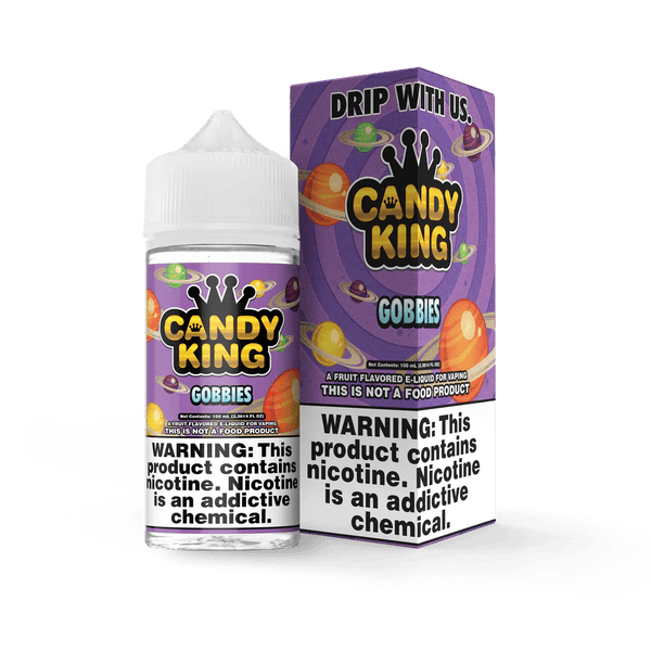 Gobbies Candy King 100mL e-liquid bottle with colorful label, perfect for vape enthusiasts seeking sweet candy flavor.