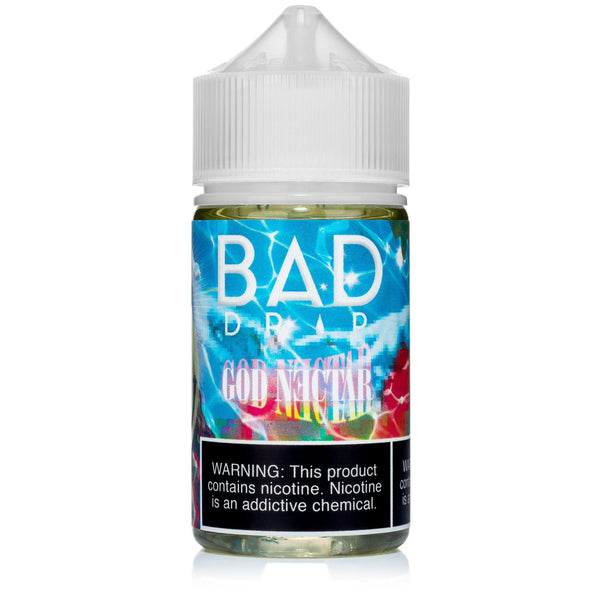 God Nectar e-liquid by Bad Drip Labs in a 60mL bottle, featuring vibrant packaging and detailed label design.