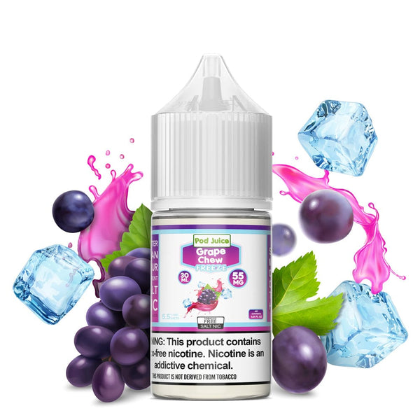 Grape Chew Freeze Salt e-liquid by Pod Juice in a 30mL bottle, featuring a grape candy and menthol flavor profile.