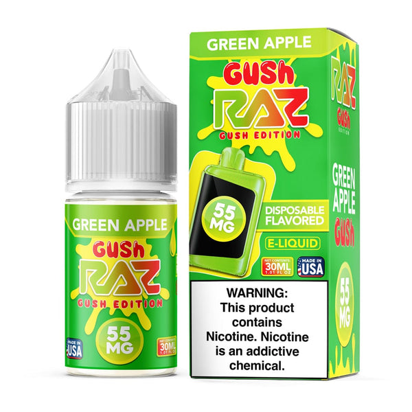 Green Apple GUSH SALT e-liquid by Pod Juice x Raz, 30mL vape juice with fresh green apple flavor and salt nicotine content.