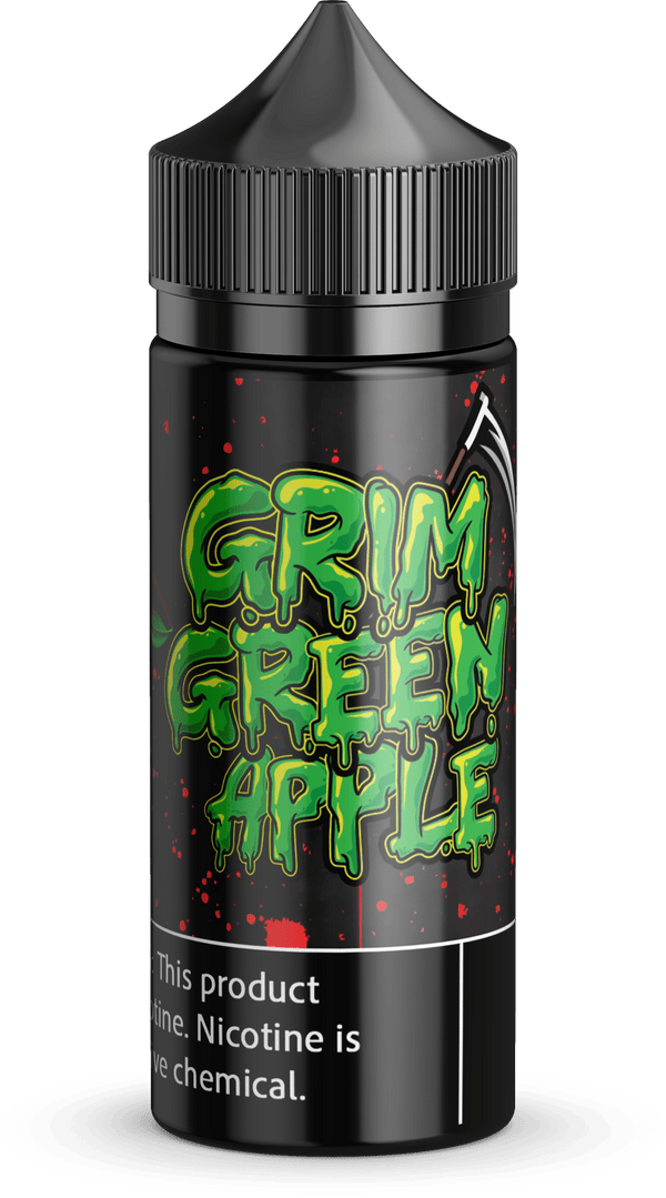 Vapergate Grim Green Apple e-liquid bottle, 100mL size, with label featuring green apple imagery and branding details.