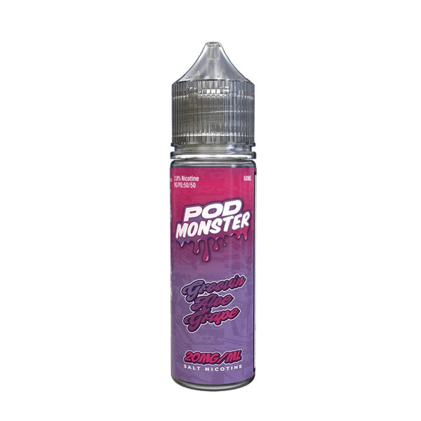 Bottle of Groovin Aloe Grape SALT e-liquid by Pod Monster in 60mL bottle with colorful label, featuring aloe and grape imagery.