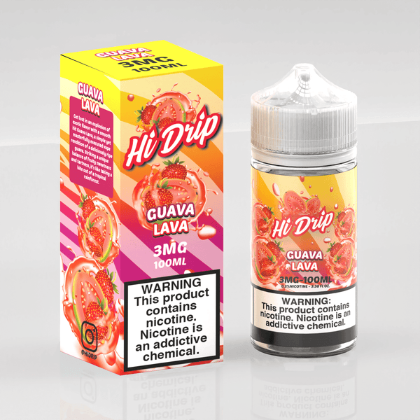 Bottle of Guava Lava Hi Drip e-liquid in 100mL bottle with colorful label, showcasing vibrant guava flavor for vaping enjoyment.
