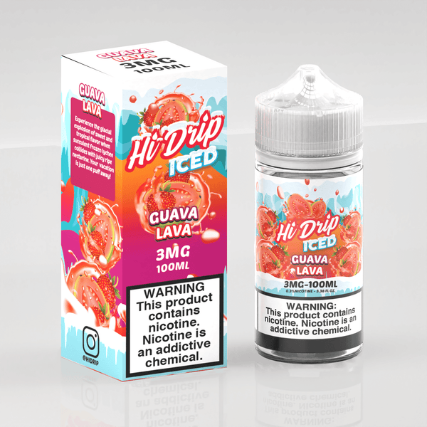 Bottle of Hi Drip Guava Lava ICED e-liquid in 100mL size, featuring a tropical guava flavor with icy menthol finish.