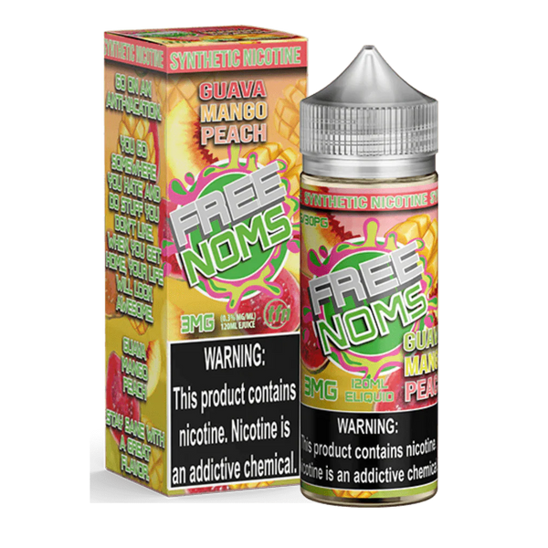 Bottle of Nomenon E-Liquids Guava Mango Peach flavor, 120mL e-liquid with vibrant fruit blend packaging.