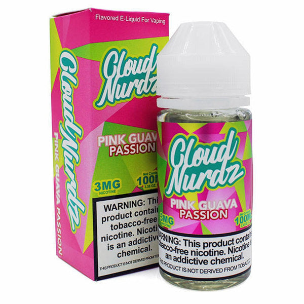 Cloud Nurdz Guava Passionfruit e-liquid 100mL bottle featuring pink guava and passionfruit flavor artwork.