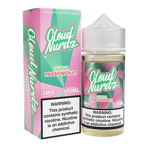Cloud Nurdz guava passionfruit e-liquid 100mL bottle with vibrant pink and tropical fruit flavors in the image.